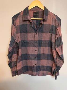 SITKA Grange Flannel Shirt in Dark Red Plaid, Outdoor Hiking Long Sleeve, Mens M